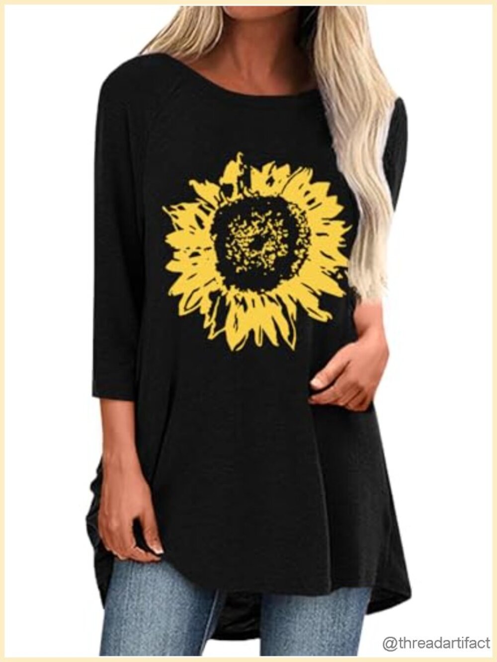 3/4 Sleeve Tunic Top for Women Loose Fit Sunflower Graphic Shirt